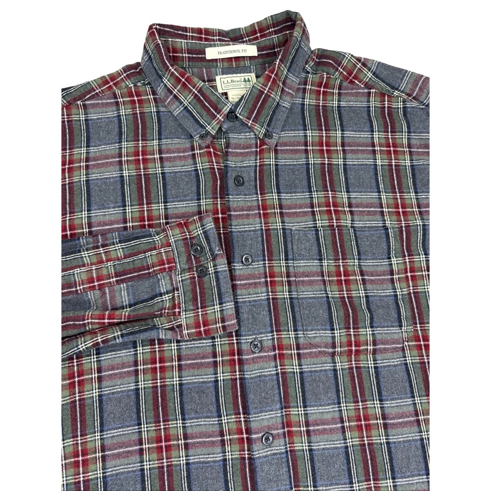 L. L. Bean Shirt Men's XL Tall Gray Flannel  Plaid Long Sleeve Cotton Outdoor